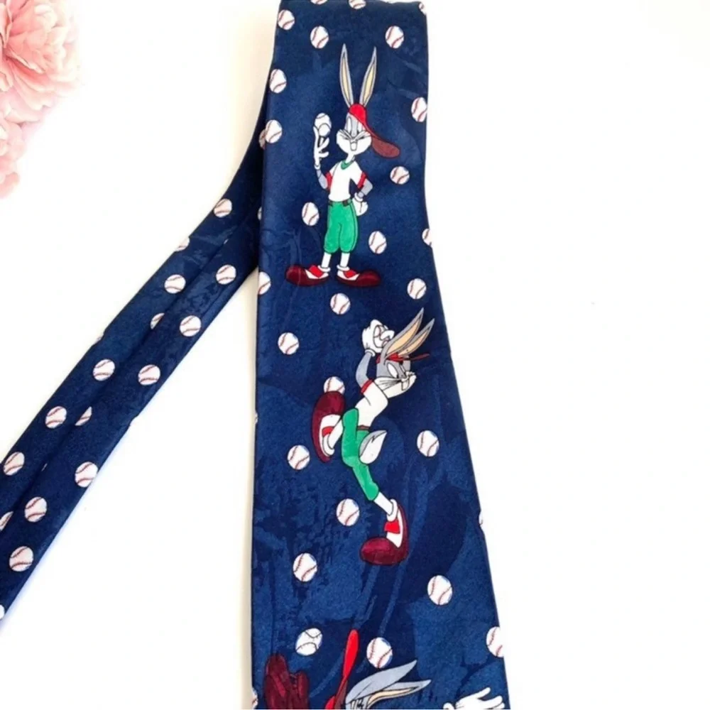 Vintage 1994 Looney Tunes Mania Blue Baseball Characters Printed Necktie